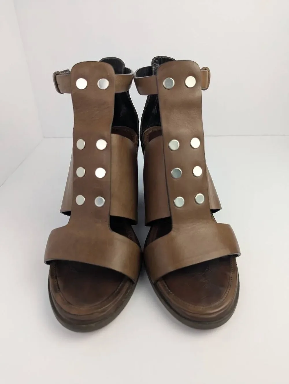 Rag & Bone Charlie Brown burnished leather  studded open toe bootie heels 8